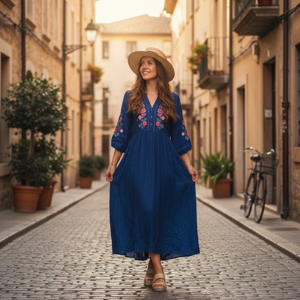 Eine Frau mit Strohhut und blauem besticktem Kleid spaziert durch eine sonnige, gepflasterte Gasse in einer südeuropäischen Stadt.
